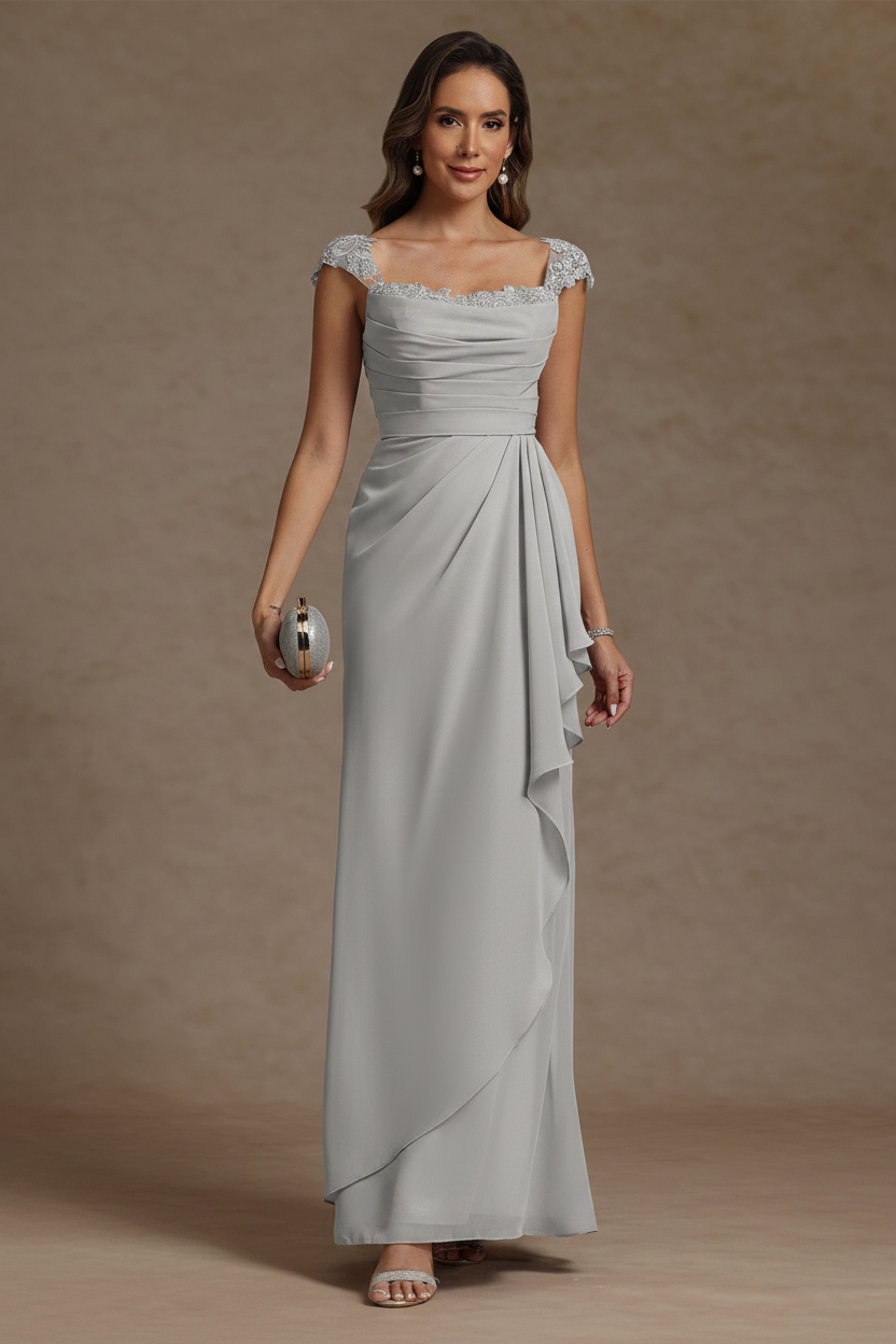 Sheath/Column Square Collar Chiffon Mother of the Bride Dresses Floor-Length Ruffles Ruched Sleeveless Lace