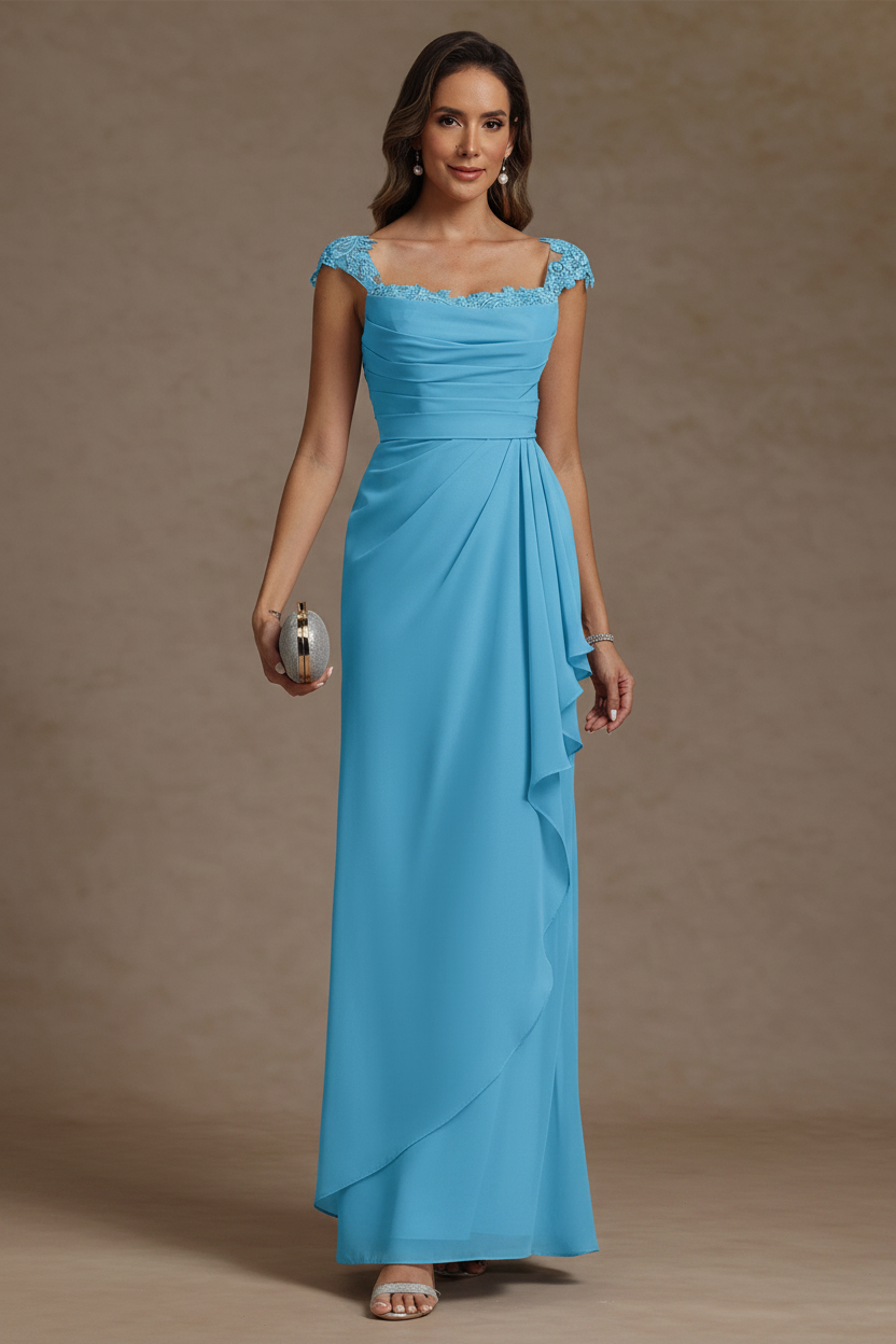 Sheath/Column Square Collar Chiffon Mother of the Bride Dresses Floor-Length Ruffles Ruched Sleeveless Lace