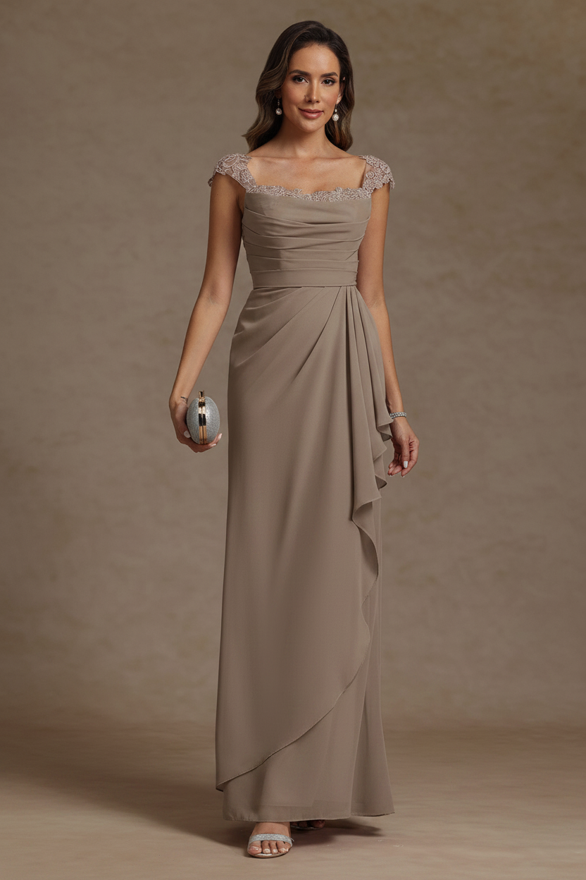 Sheath/Column Square Collar Chiffon Mother of the Bride Dresses Floor-Length Ruffles Ruched Sleeveless Lace