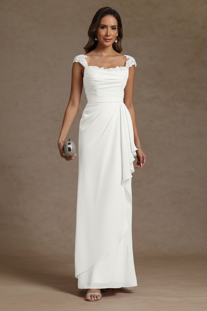Sheath/Column Square Collar Chiffon Mother of the Bride Dresses Floor-Length Ruffles Ruched Sleeveless Lace