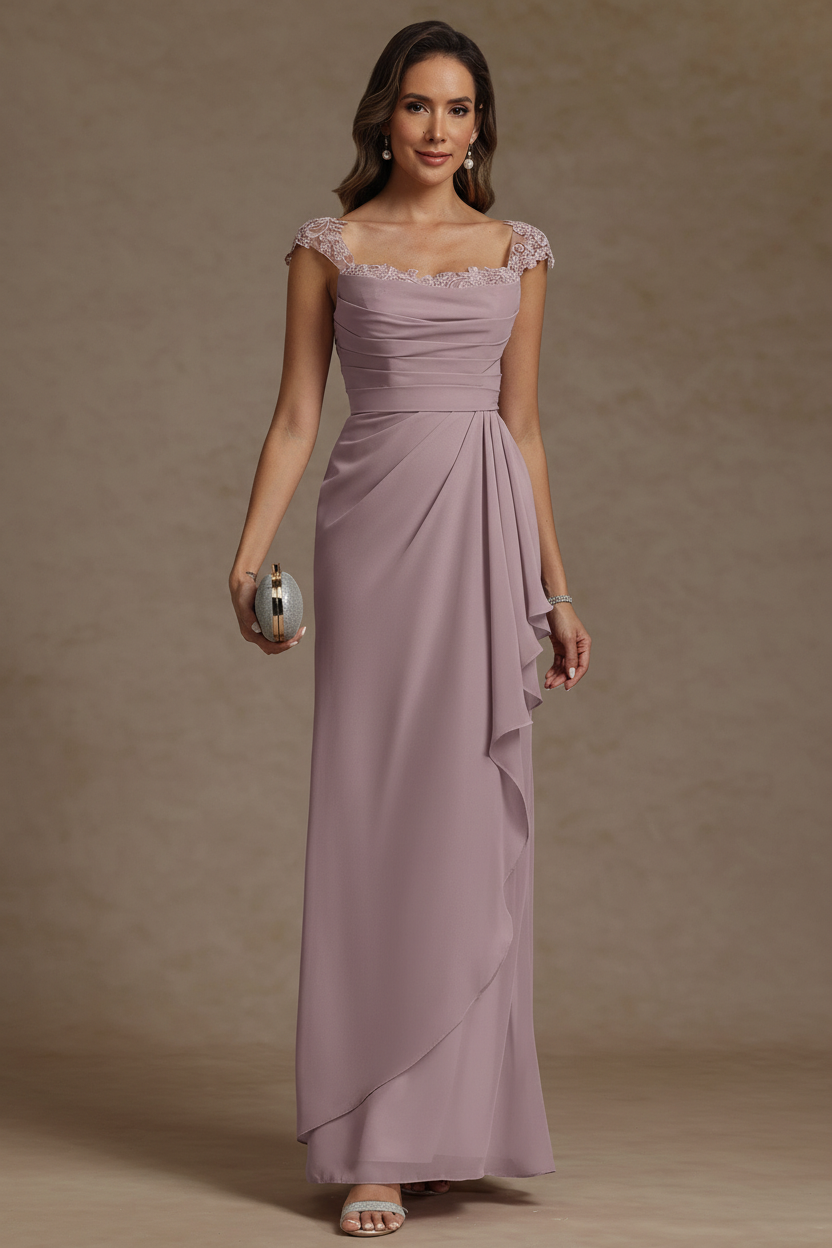 Sheath/Column Square Collar Chiffon Mother of the Bride Dresses Floor-Length Ruffles Ruched Sleeveless Lace