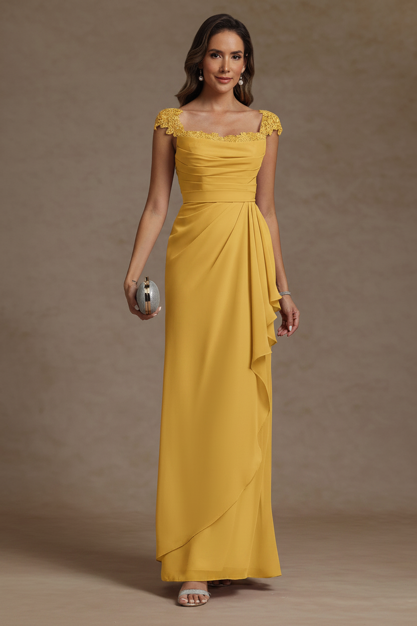 Sheath/Column Square Collar Chiffon Mother of the Bride Dresses Floor-Length Ruffles Ruched Sleeveless Lace