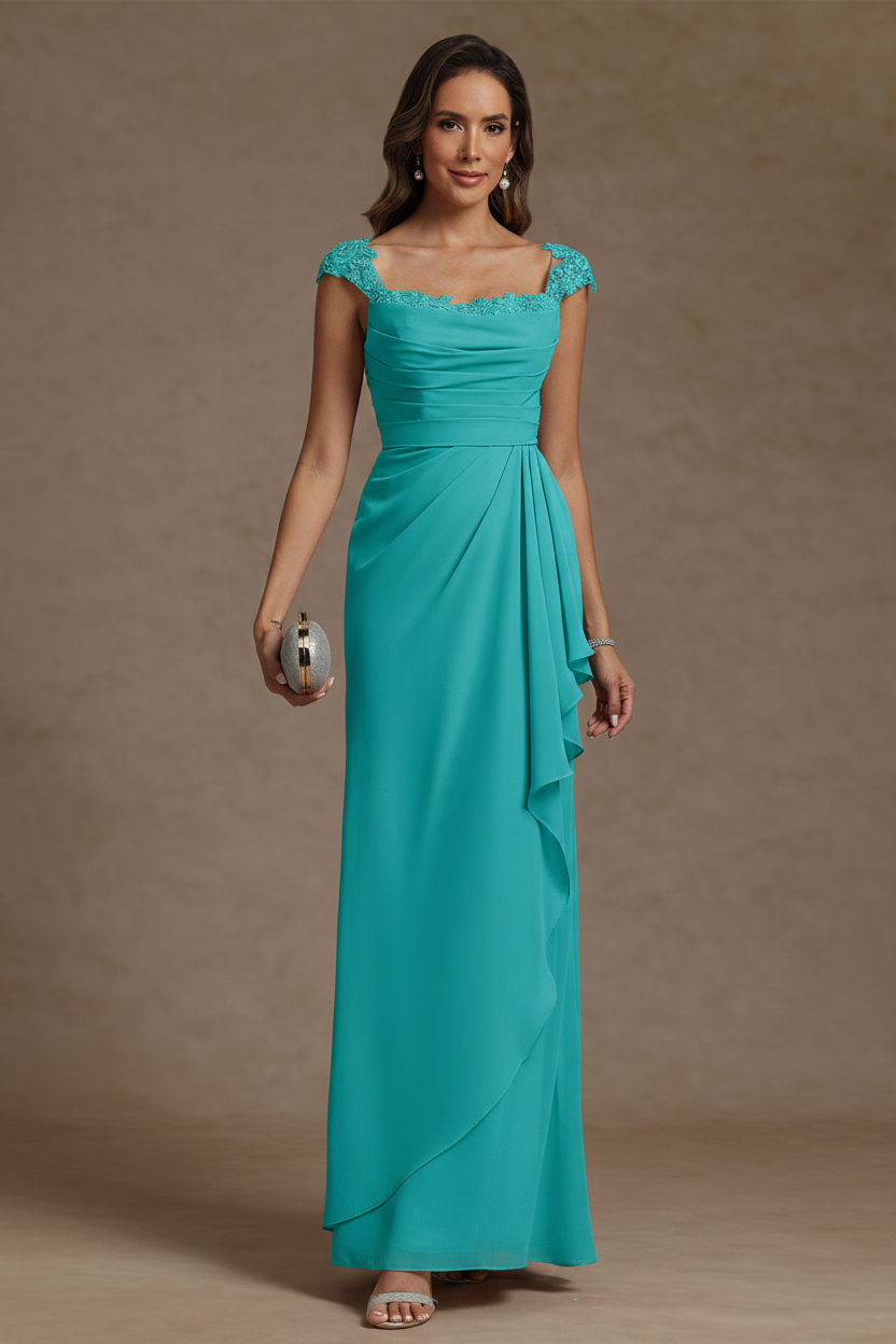 Sheath/Column Square Collar Chiffon Mother of the Bride Dresses Floor-Length Ruffles Ruched Sleeveless Lace