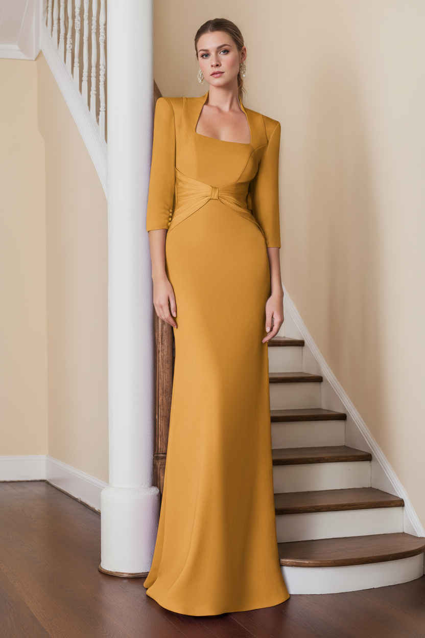 Sheath/Column Standing Shoulders 3/4 Length Sleeves Floor-Length Unique Mother of the Bride dresses with Ruffles