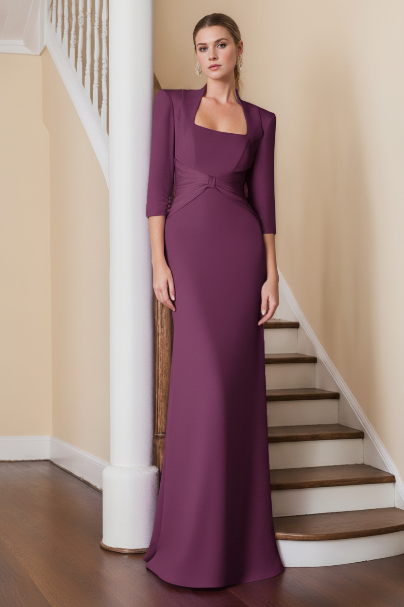Sheath/Column Standing Shoulders 3/4 Length Sleeves Floor-Length Unique Mother of the Bride dresses with Ruffles