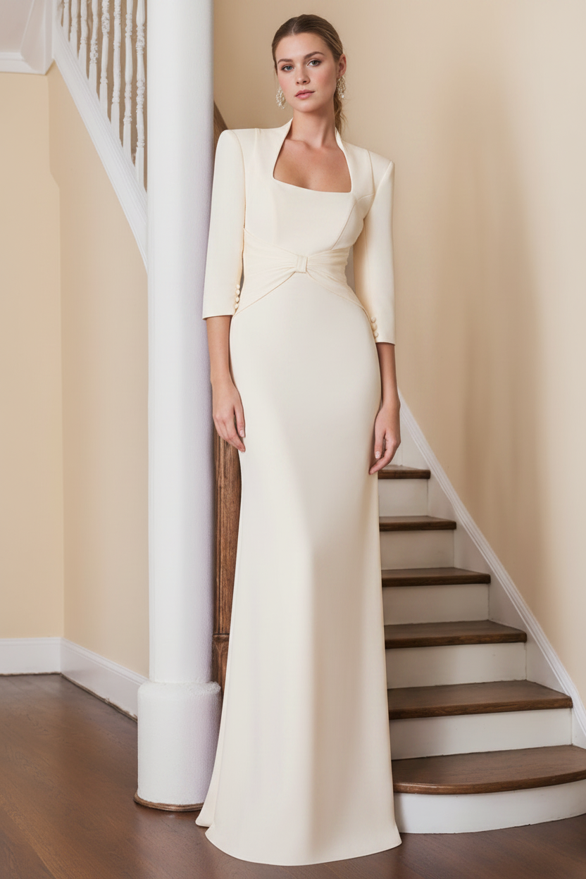 Sheath/Column Standing Shoulders 3/4 Length Sleeves Floor-Length Unique Mother of the Bride dresses with Ruffles