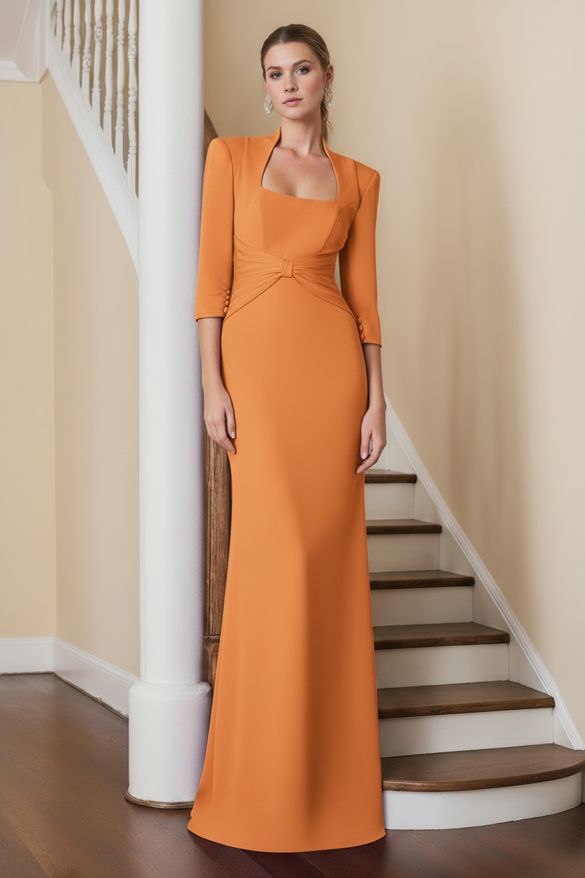 Sheath/Column Standing Shoulders 3/4 Length Sleeves Floor-Length Unique Mother of the Bride dresses with Ruffles