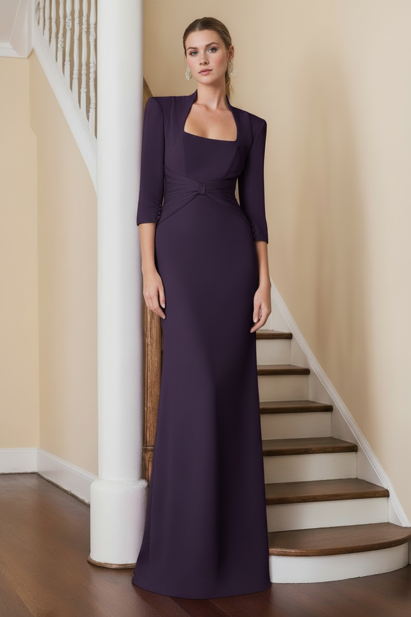 Sheath/Column Standing Shoulders 3/4 Length Sleeves Floor-Length Unique Mother of the Bride dresses with Ruffles