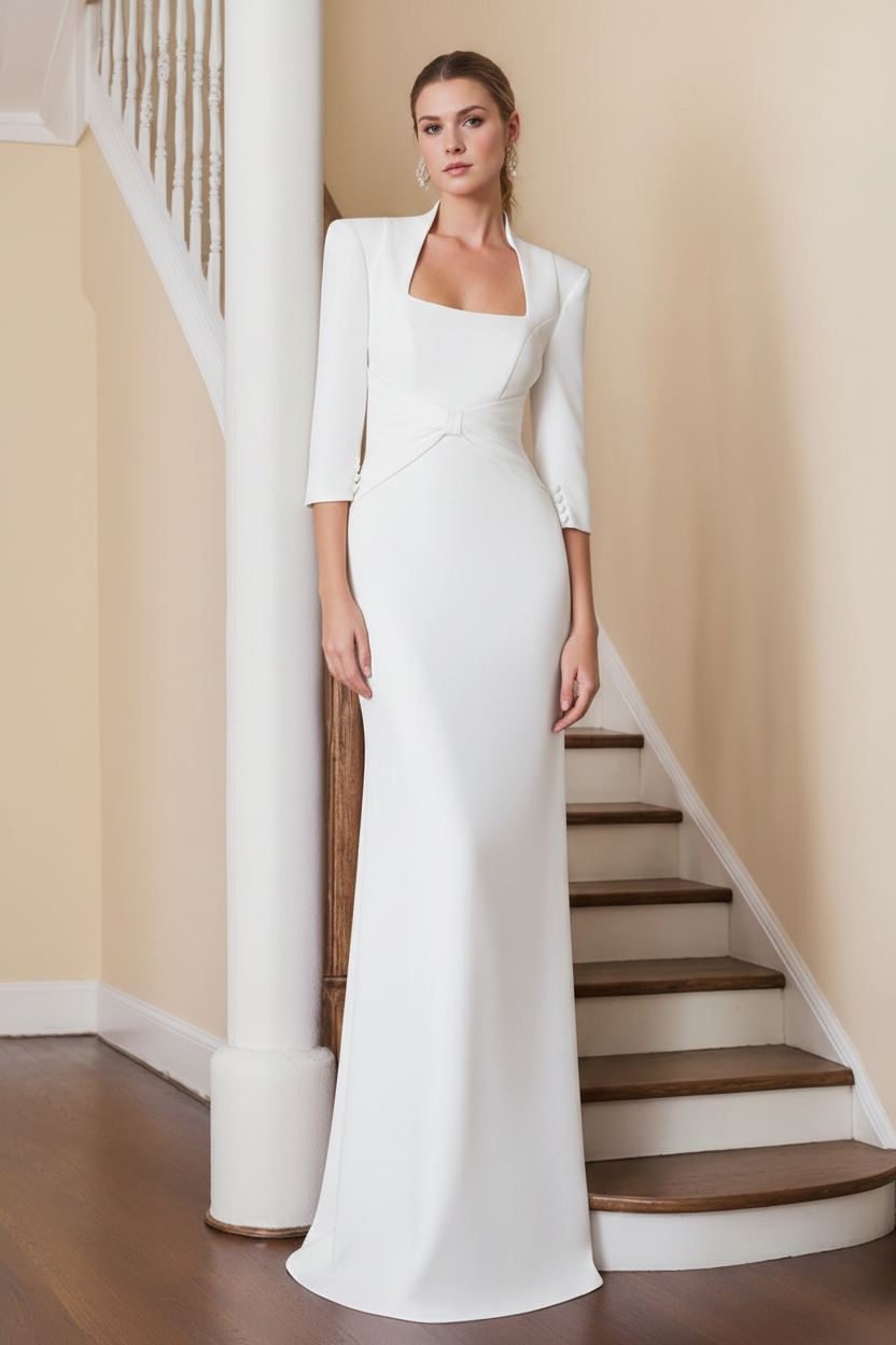 Sheath/Column Standing Shoulders 3/4 Length Sleeves Floor-Length Unique Mother of the Bride dresses with Ruffles