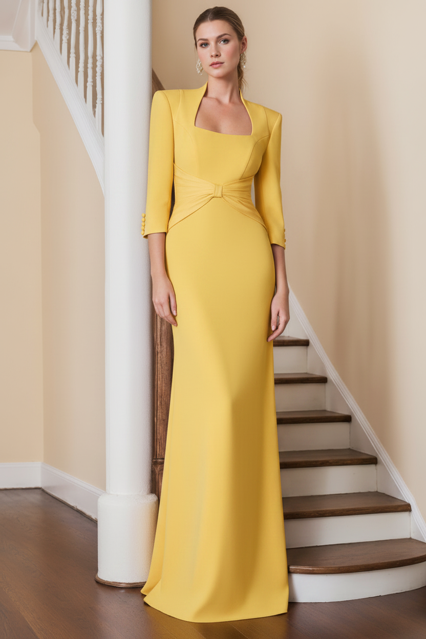 Sheath/Column Standing Shoulders 3/4 Length Sleeves Floor-Length Unique Mother of the Bride dresses with Ruffles