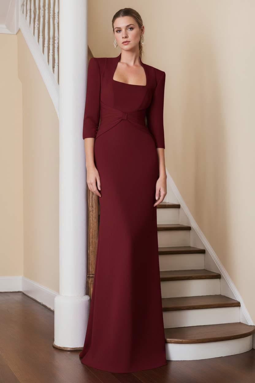 Sheath/Column Standing Shoulders 3/4 Length Sleeves Floor-Length Unique Mother of the Bride dresses with Ruffles