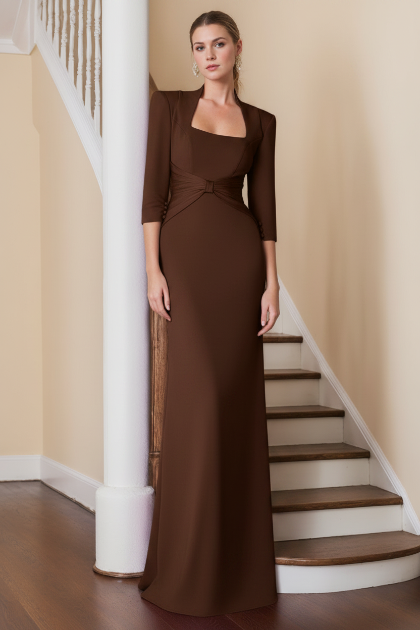 Sheath/Column Standing Shoulders 3/4 Length Sleeves Floor-Length Unique Mother of the Bride dresses with Ruffles
