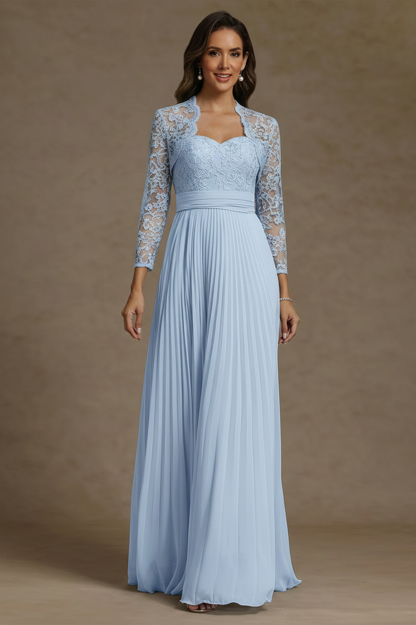 Sheath/Column Sweetheart Chiffon Mother of the Bride Dresses with Jacket Floor-Length Lace Pleated Long Sleeves