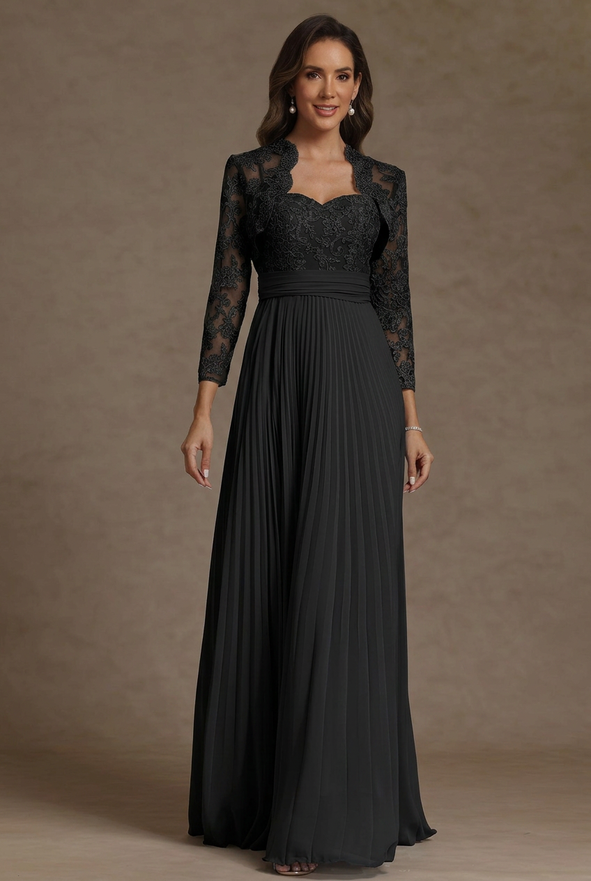 Sheath/Column Sweetheart Chiffon Mother of the Bride Dresses with Jacket Floor-Length Lace Pleated Long Sleeves