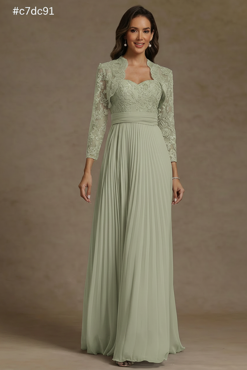Sheath/Column Sweetheart Chiffon Mother of the Bride Dresses with Jacket Floor-Length Lace Pleated Long Sleeves