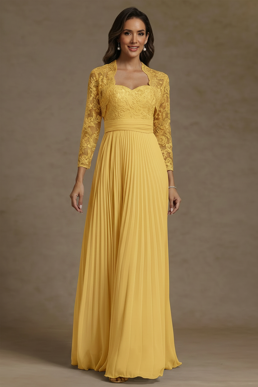 Sheath/Column Sweetheart Chiffon Mother of the Bride Dresses with Jacket Floor-Length Lace Pleated Long Sleeves