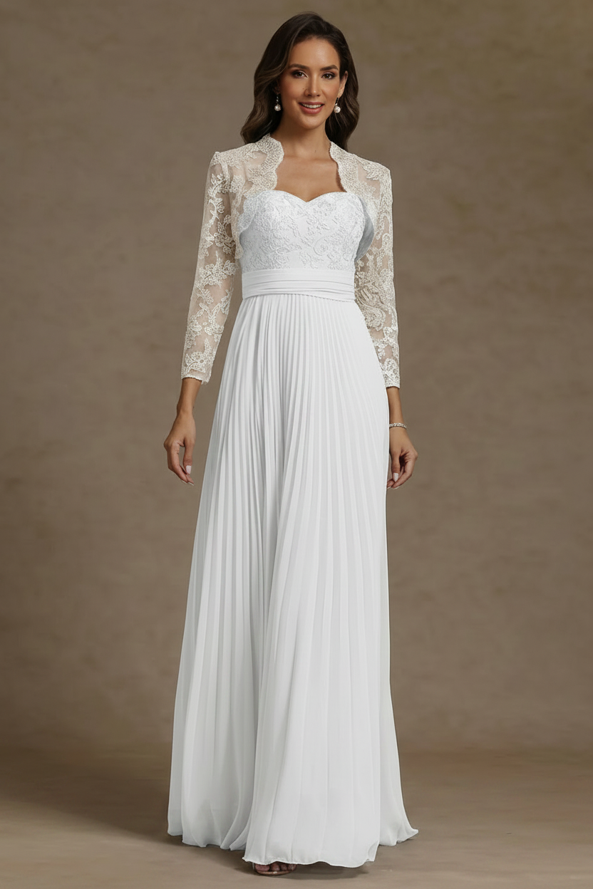 Sheath/Column Sweetheart Chiffon Mother of the Bride Dresses with Jacket Floor-Length Lace Pleated Long Sleeves