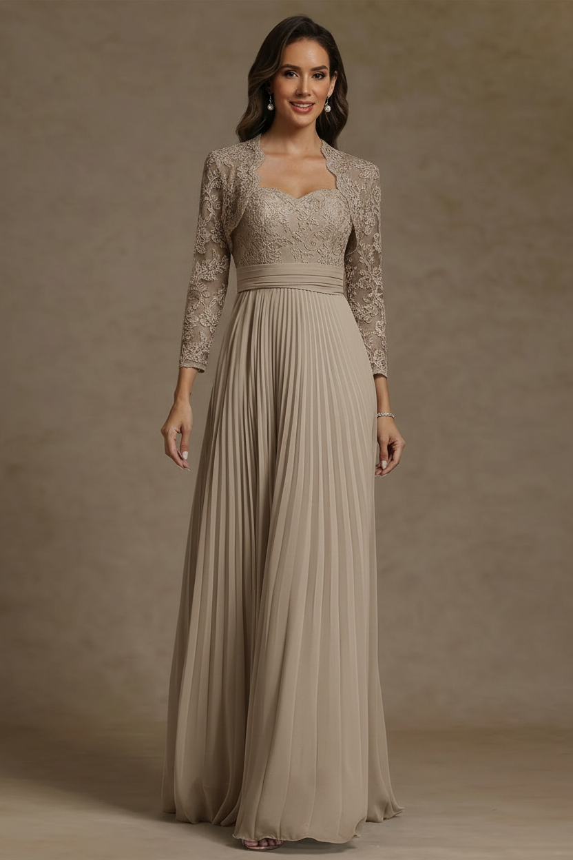 Sheath/Column Sweetheart Chiffon Mother of the Bride Dresses with Jacket Floor-Length Lace Pleated Long Sleeves