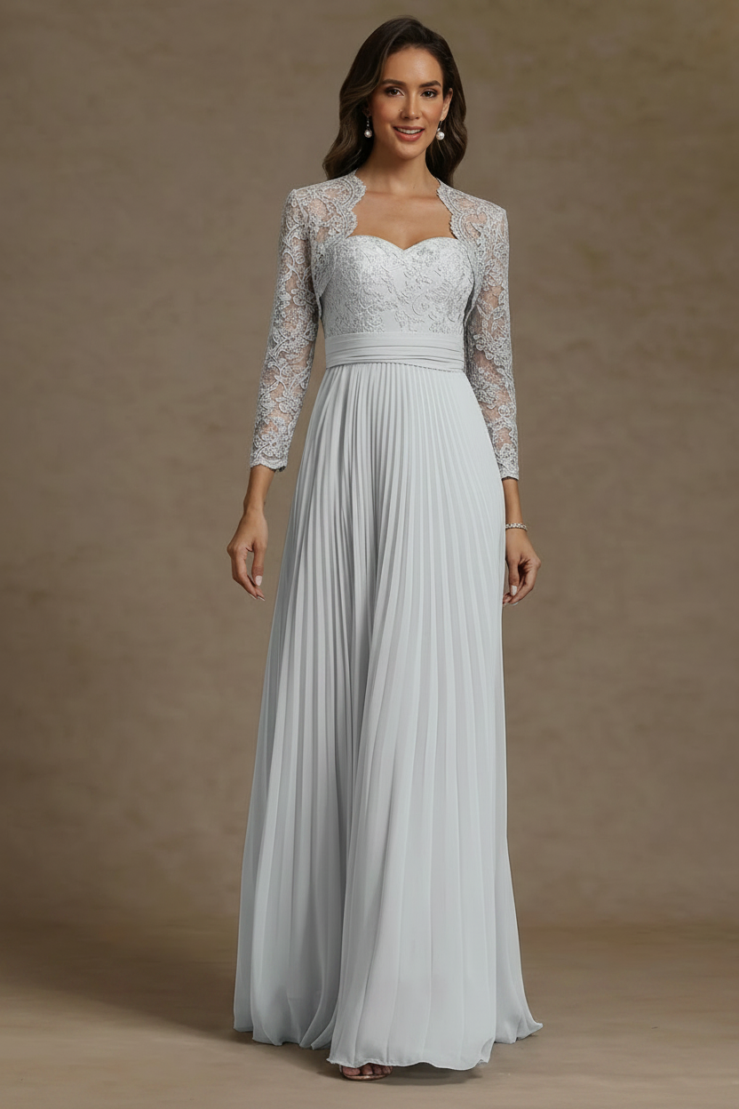 Sheath/Column Sweetheart Chiffon Mother of the Bride Dresses with Jacket Floor-Length Lace Pleated Long Sleeves