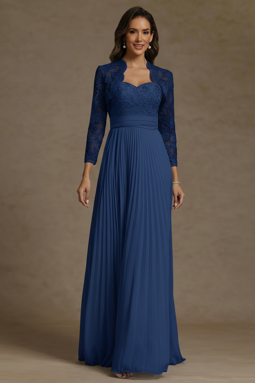 Sheath/Column Sweetheart Chiffon Mother of the Bride Dresses with Jacket Floor-Length Lace Pleated Long Sleeves