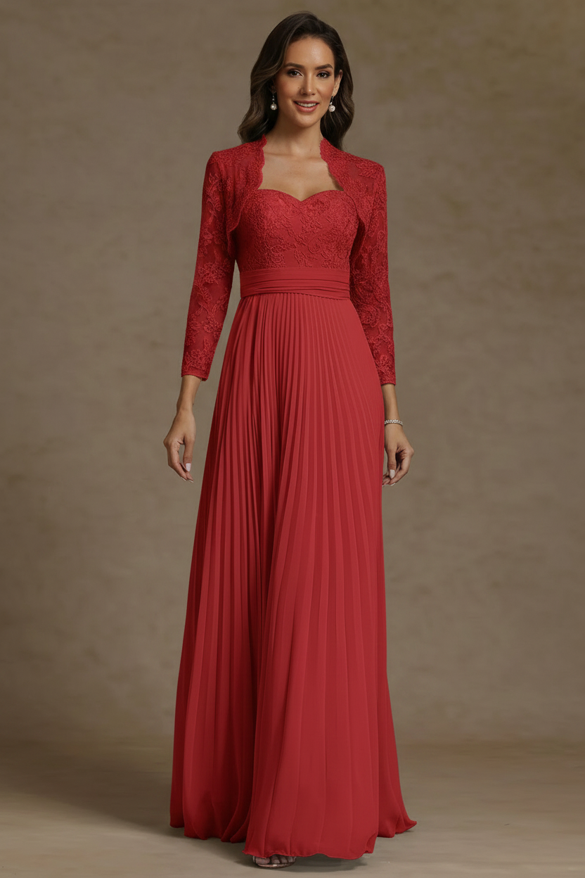 Sheath/Column Sweetheart Chiffon Mother of the Bride Dresses with Jacket Floor-Length Lace Pleated Long Sleeves
