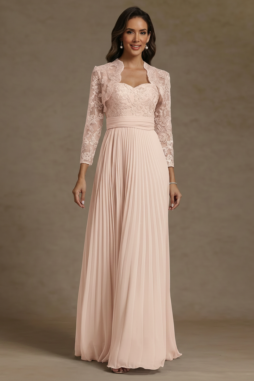 Sheath/Column Sweetheart Chiffon Mother of the Bride Dresses with Jacket Floor-Length Lace Pleated Long Sleeves