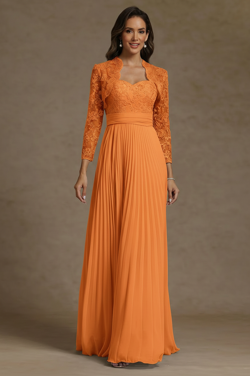 Sheath/Column Sweetheart Chiffon Mother of the Bride Dresses with Jacket Floor-Length Lace Pleated Long Sleeves
