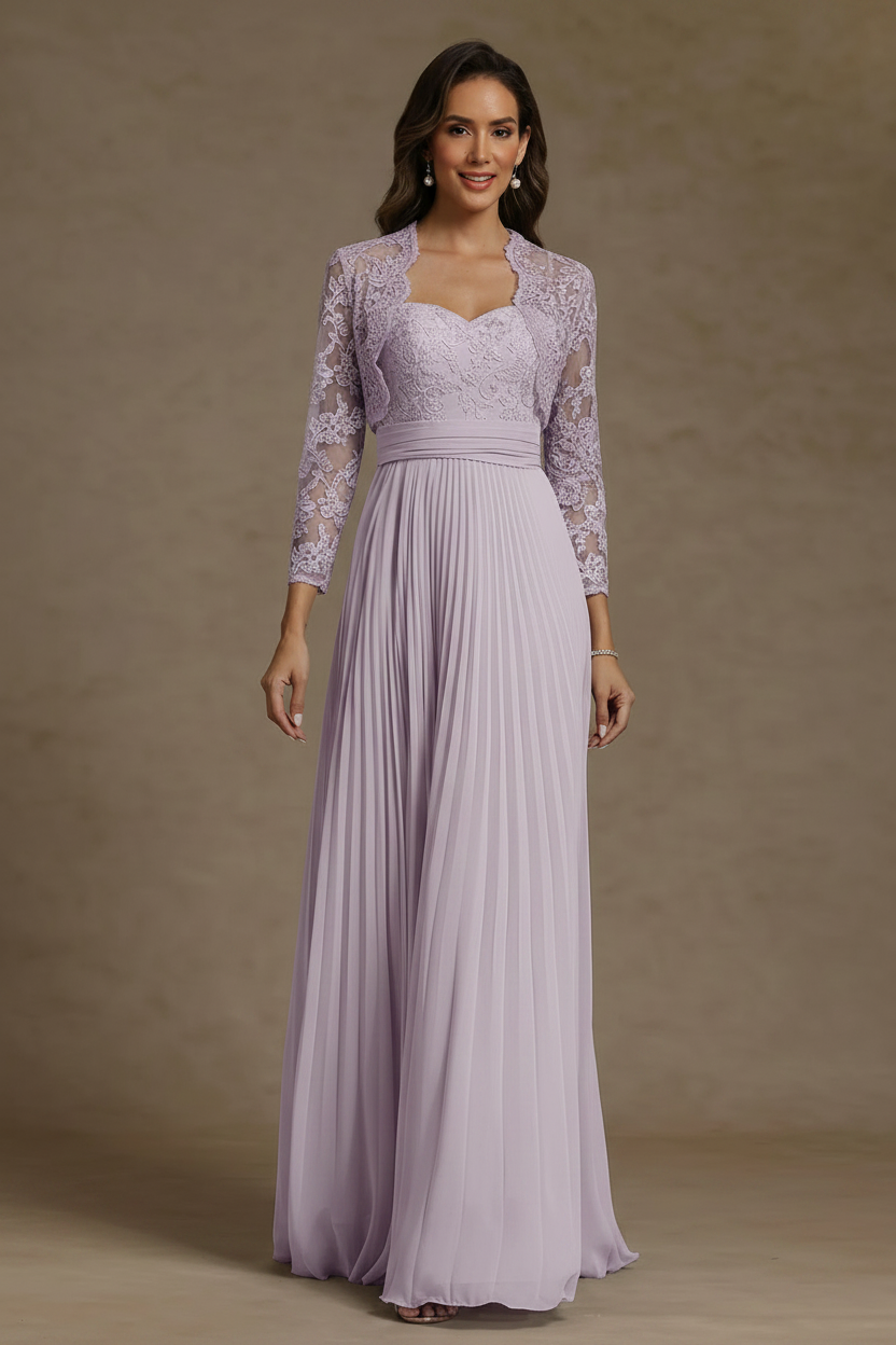 Sheath/Column Sweetheart Chiffon Mother of the Bride Dresses with Jacket Floor-Length Lace Pleated Long Sleeves