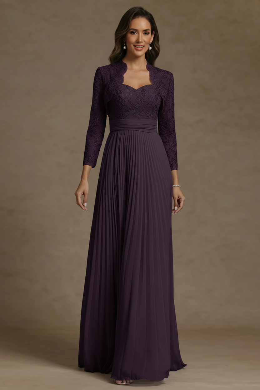 Sheath/Column Sweetheart Chiffon Mother of the Bride Dresses with Jacket Floor-Length Lace Pleated Long Sleeves