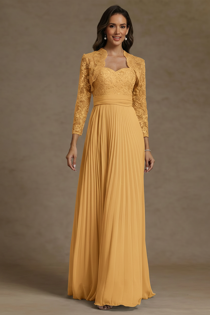 Sheath/Column Sweetheart Chiffon Mother of the Bride Dresses with Jacket Floor-Length Lace Pleated Long Sleeves