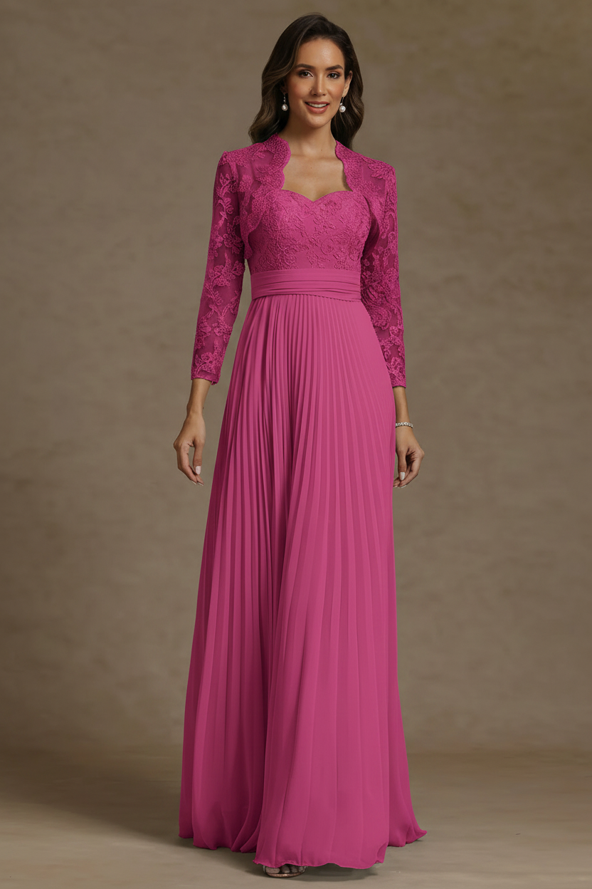 Sheath/Column Sweetheart Chiffon Mother of the Bride Dresses with Jacket Floor-Length Lace Pleated Long Sleeves