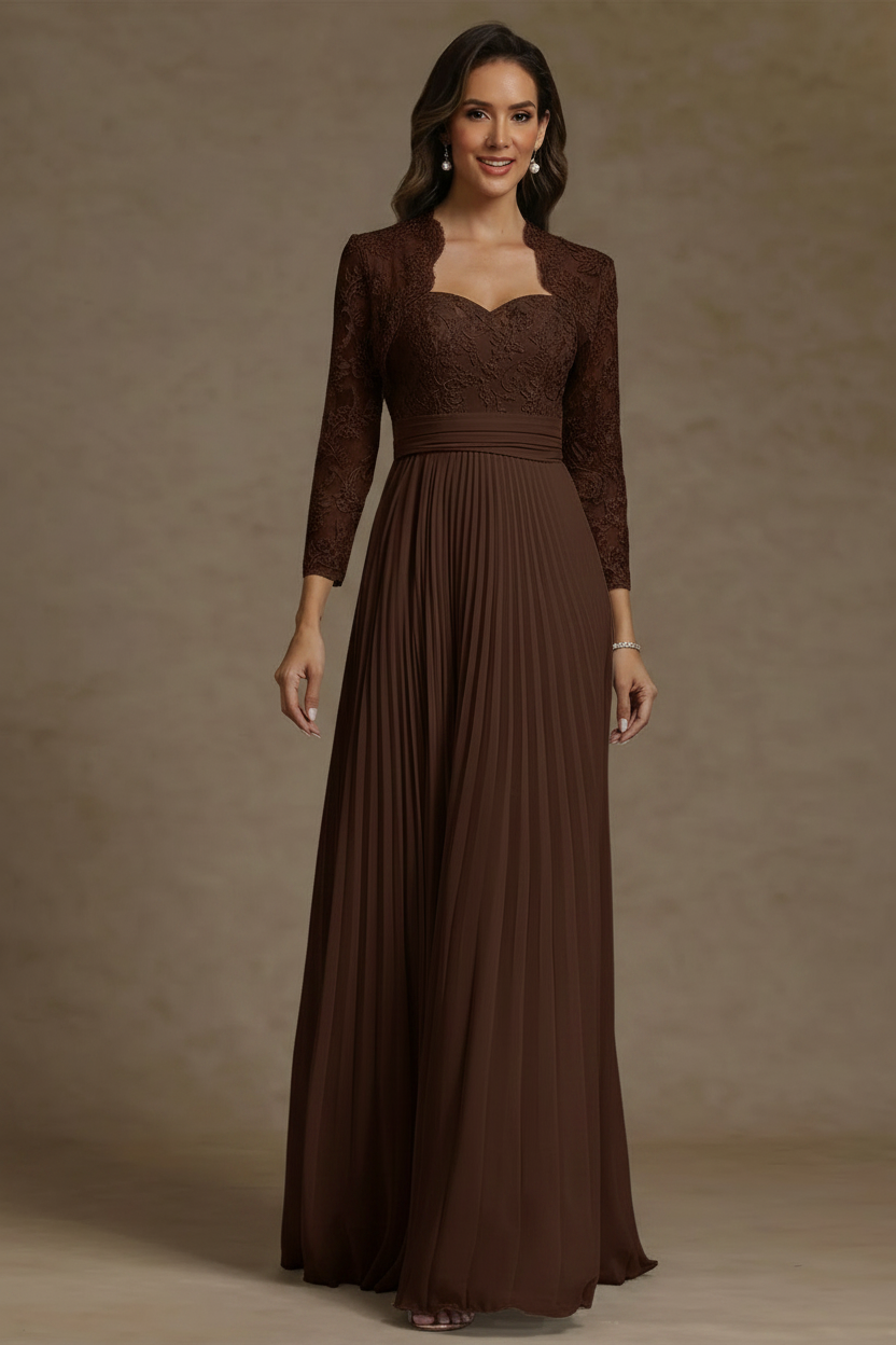 Sheath/Column Sweetheart Chiffon Mother of the Bride Dresses with Jacket Floor-Length Lace Pleated Long Sleeves