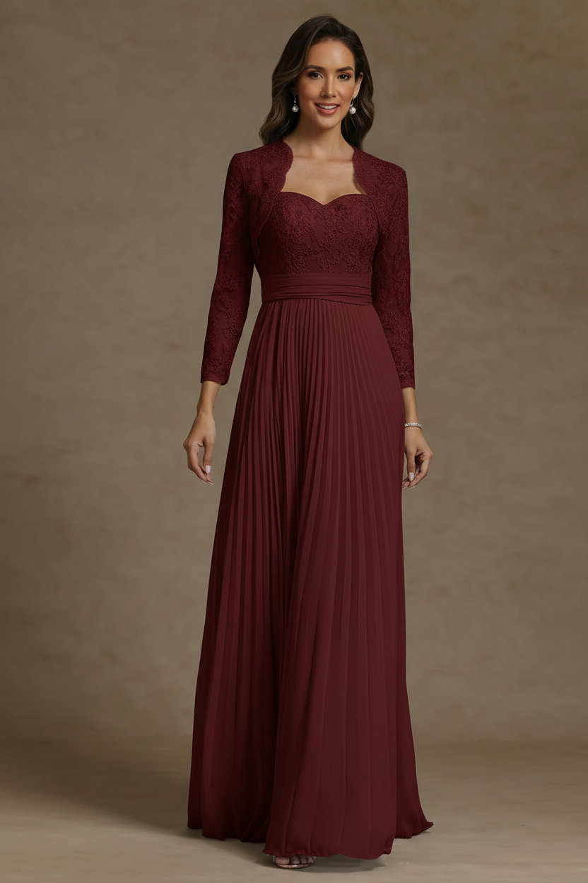 Sheath/Column Sweetheart Chiffon Mother of the Bride Dresses with Jacket Floor-Length Lace Pleated Long Sleeves