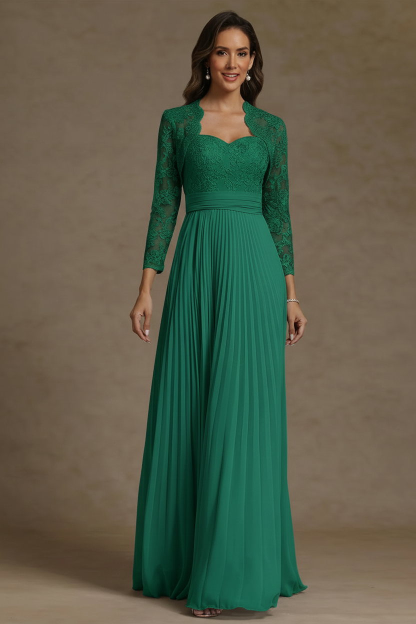 Sheath/Column Sweetheart Chiffon Mother of the Bride Dresses with Jacket Floor-Length Lace Pleated Long Sleeves