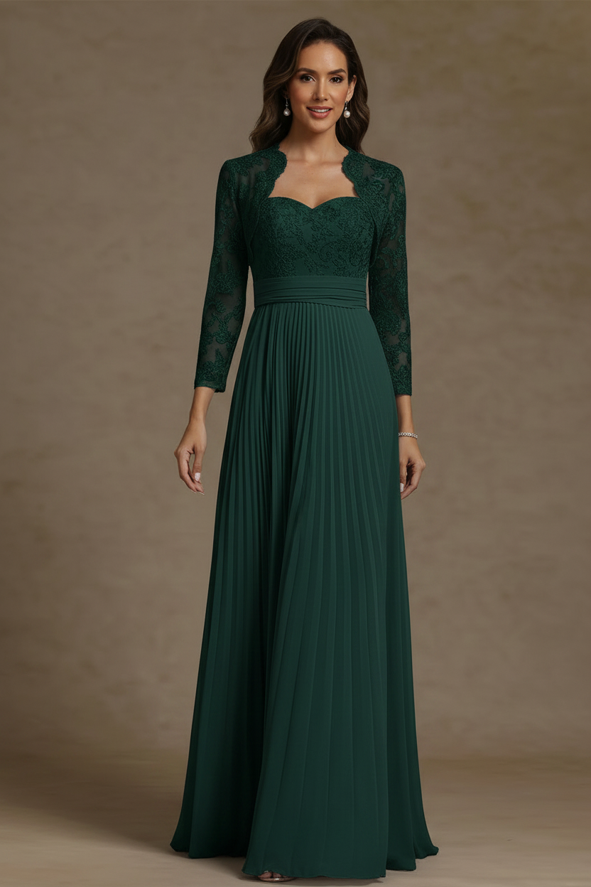 Sheath/Column Sweetheart Chiffon Mother of the Bride Dresses with Jacket Floor-Length Lace Pleated Long Sleeves