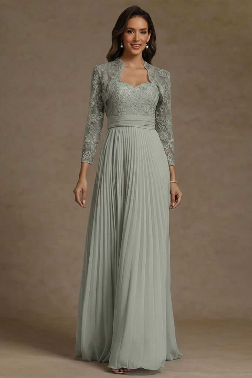 Sheath/Column Sweetheart Chiffon Mother of the Bride Dresses with Jacket Floor-Length Lace Pleated Long Sleeves