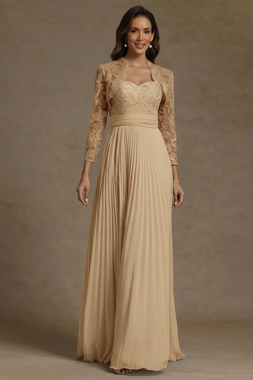 Sheath/Column Sweetheart Chiffon Mother of the Bride Dresses with Jacket Floor-Length Lace Pleated Long Sleeves