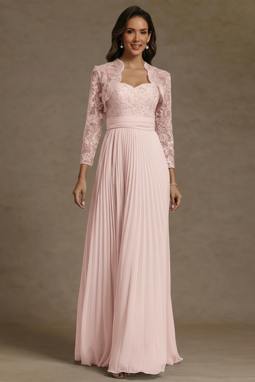 Sheath/Column Sweetheart Chiffon Mother of the Bride Dresses with Jacket Floor-Length Lace Pleated Long Sleeves