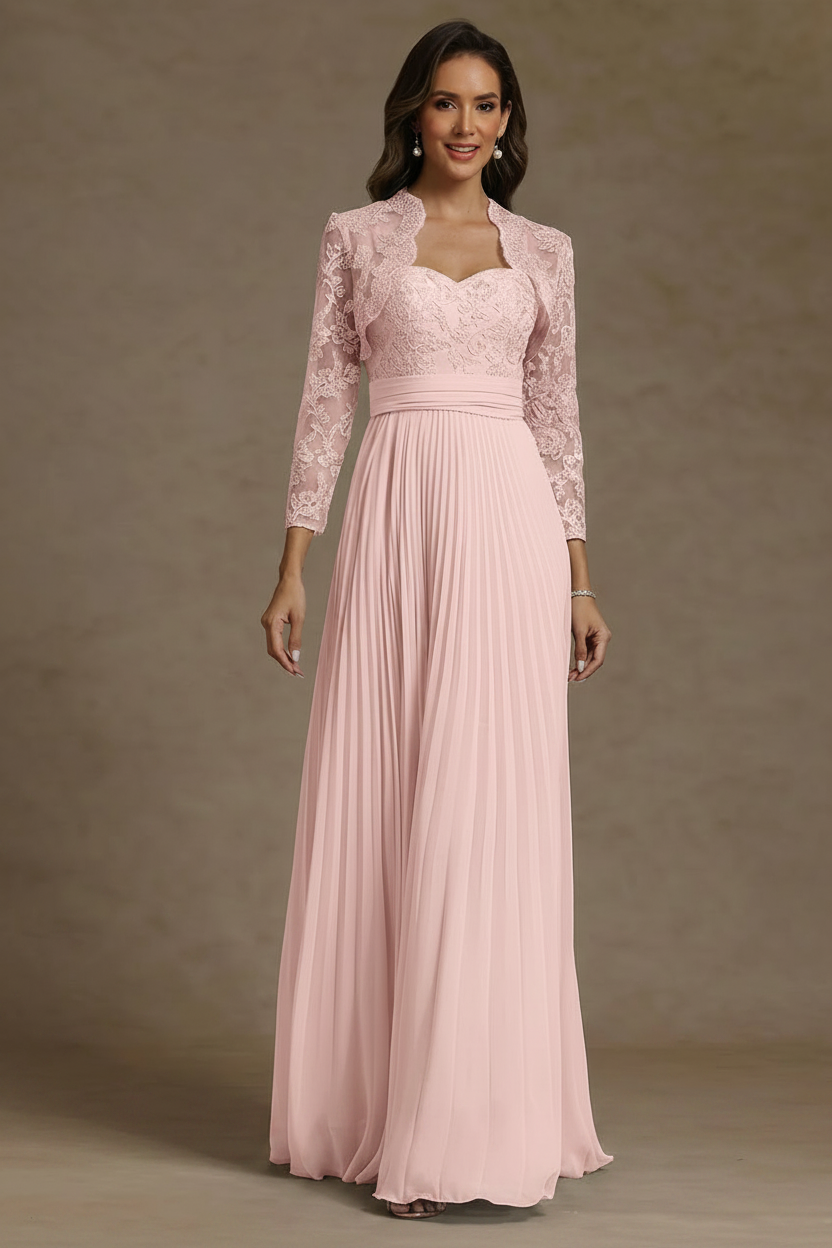 Sheath/Column Sweetheart Chiffon Mother of the Bride Dresses with Jacket Floor-Length Lace Pleated Long Sleeves