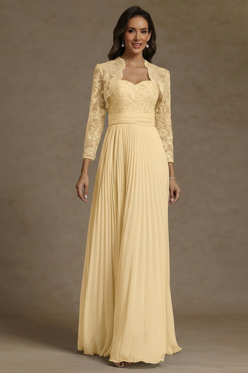 Sheath/Column Sweetheart Chiffon Mother of the Bride Dresses with Jacket Floor-Length Lace Pleated Long Sleeves