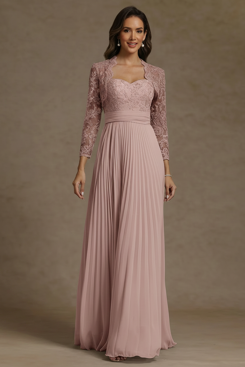Sheath/Column Sweetheart Chiffon Mother of the Bride Dresses with Jacket Floor-Length Lace Pleated Long Sleeves