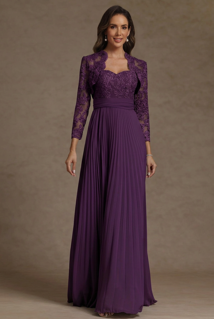 Sheath/Column Sweetheart Chiffon Mother of the Bride Dresses with Jacket Floor-Length Lace Pleated Long Sleeves