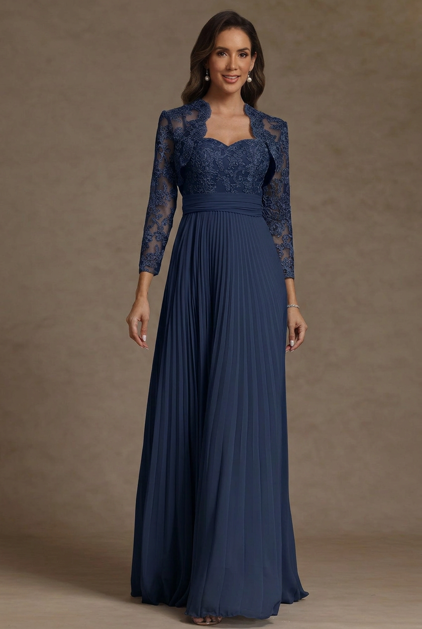 Sheath/Column Sweetheart Chiffon Mother of the Bride Dresses with Jacket Floor-Length Lace Pleated Long Sleeves