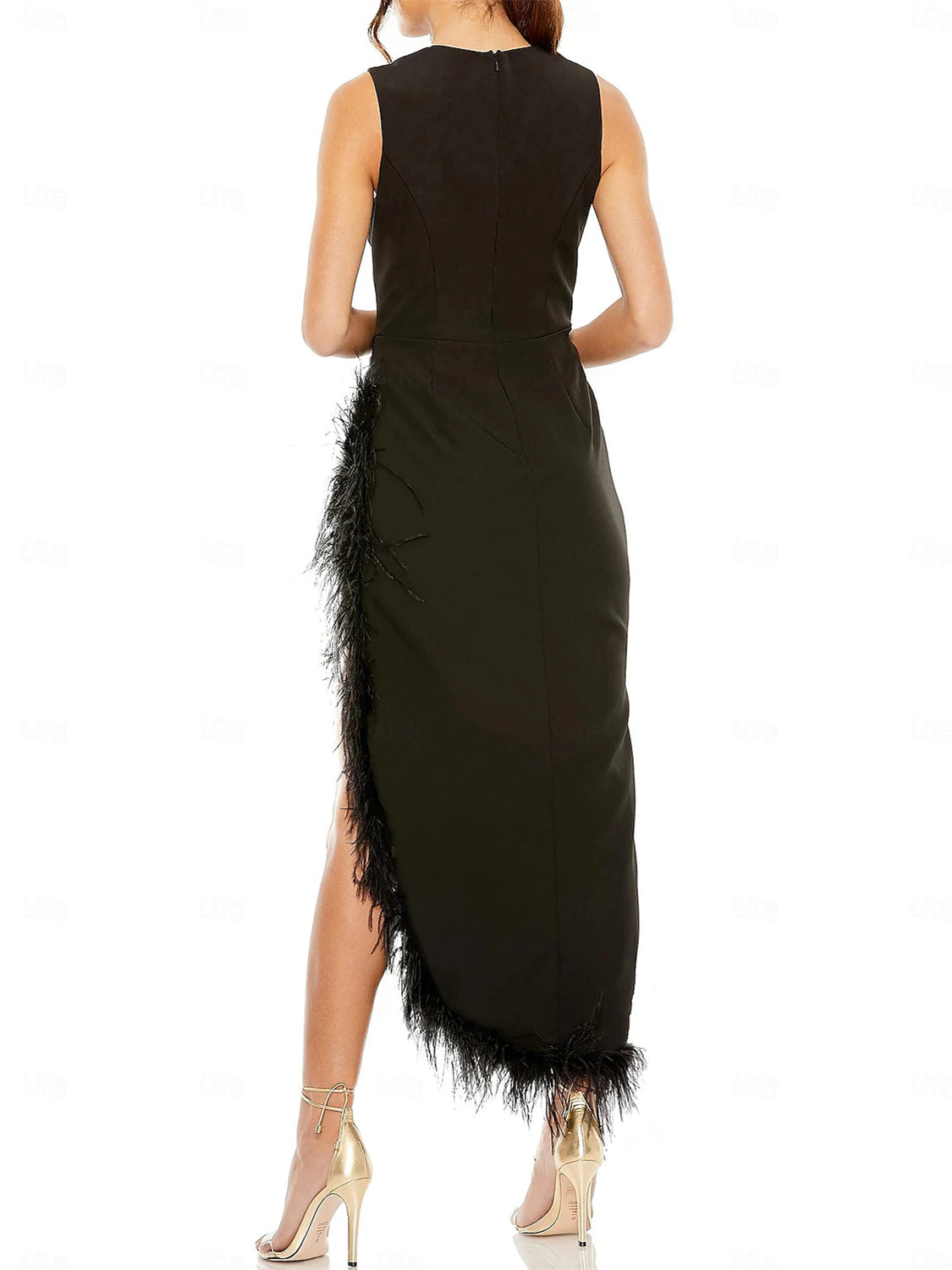 Sheath/Column Tea Length sleeveless Jewel Neck Wedding Guest Dresses Formal Cocktail Party Stretch Chiffon with Feather
