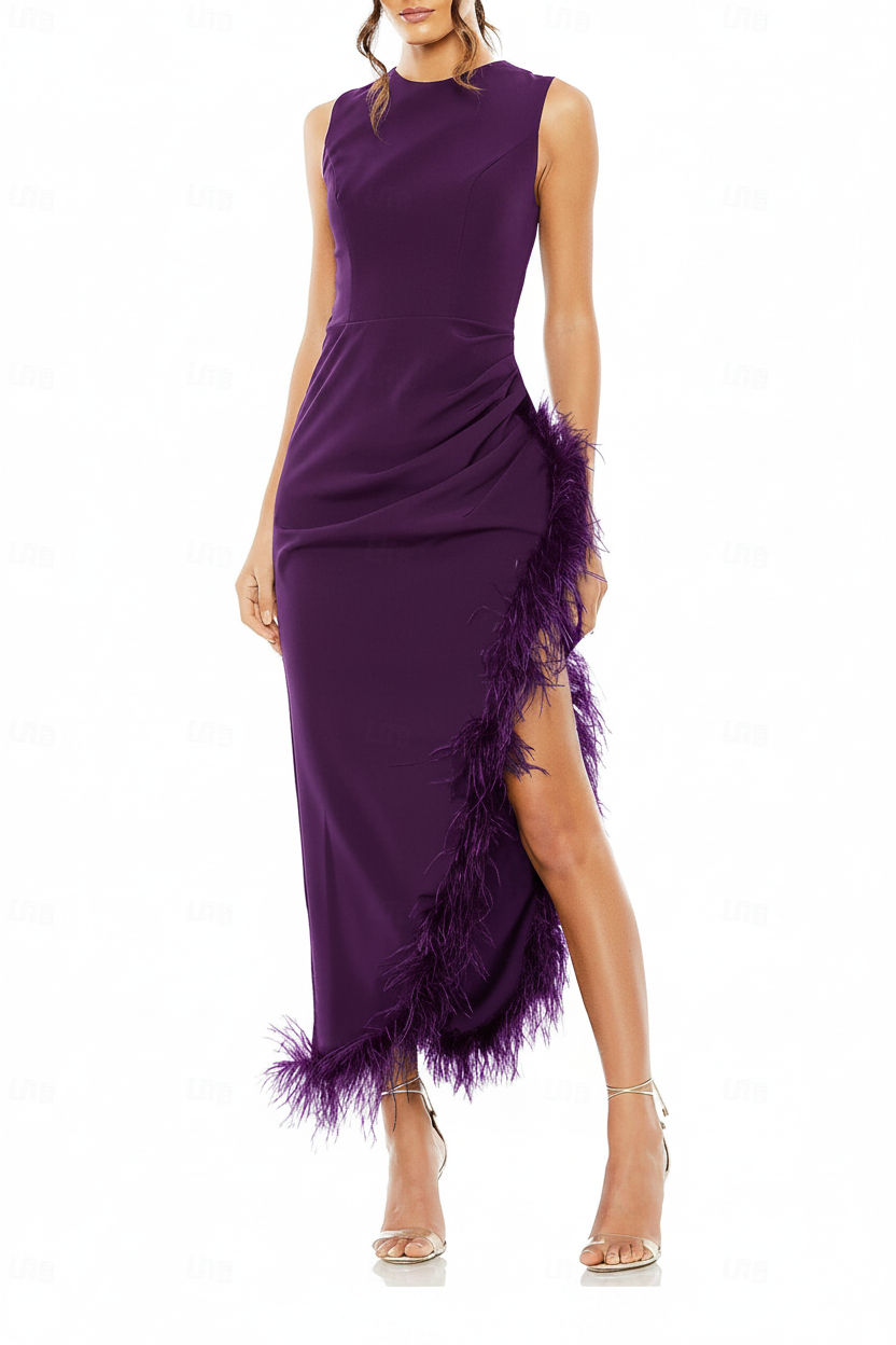 Sheath/Column Tea Length sleeveless Jewel Neck Wedding Guest Dresses Formal Cocktail Party Stretch Chiffon with Feather