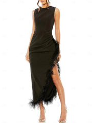 Sheath/Column Tea Length sleeveless Jewel Neck Wedding Guest Dresses Formal Cocktail Party Stretch Chiffon with Feather