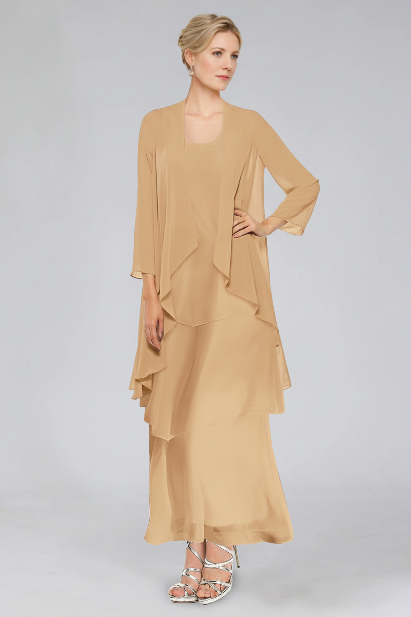 Sheath/Column Tiered Scoop Sleeveless Ankle-Length Mother of the Bride Dresses with Jacket & Ruffles