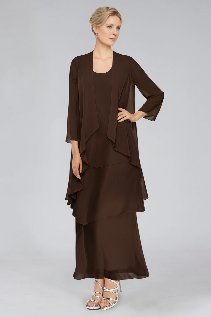 Sheath/Column Tiered Scoop Sleeveless Ankle-Length Mother of the Bride Dresses with Jacket & Ruffles
