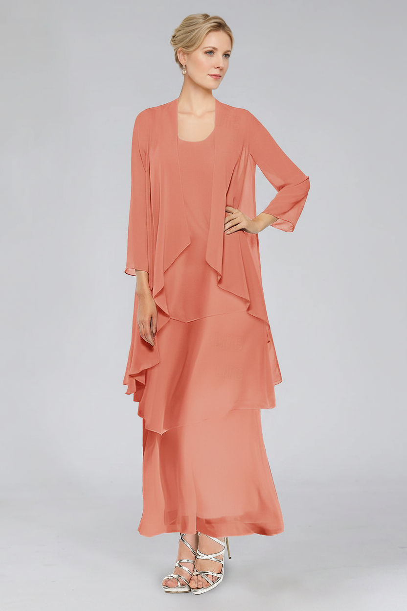 Sheath/Column Tiered Scoop Sleeveless Ankle-Length Mother of the Bride Dresses with Jacket & Ruffles