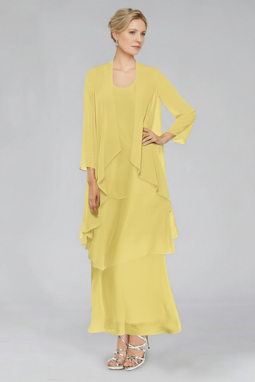 Sheath/Column Tiered Scoop Sleeveless Ankle-Length Mother of the Bride Dresses with Jacket & Ruffles